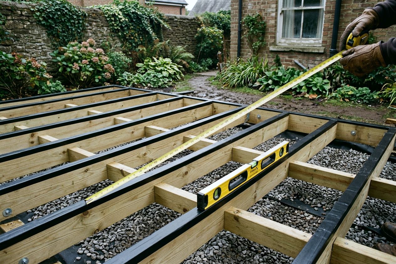 Treated timber deck frame with joist tape, being measured for joist spacing before boards go on