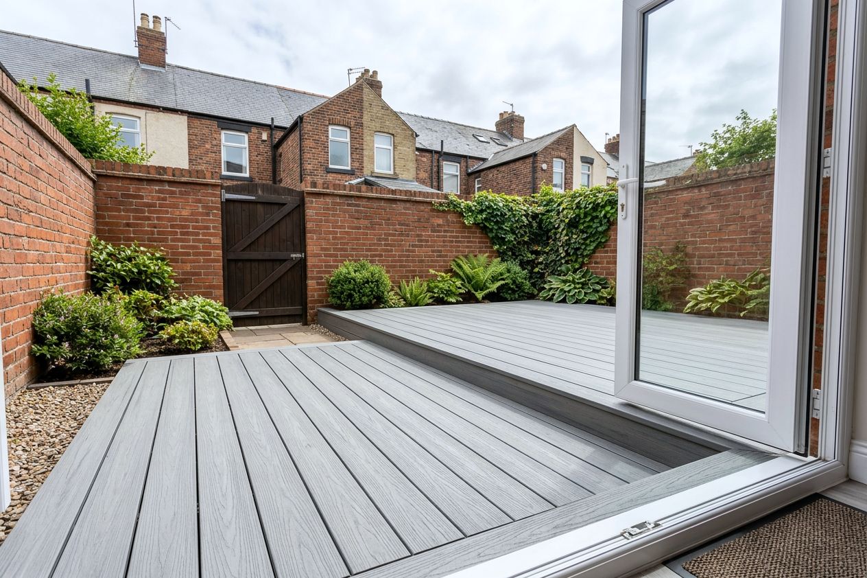 A newly fitted mid-grey composite deck in a terraced back yard with straight, even board lines