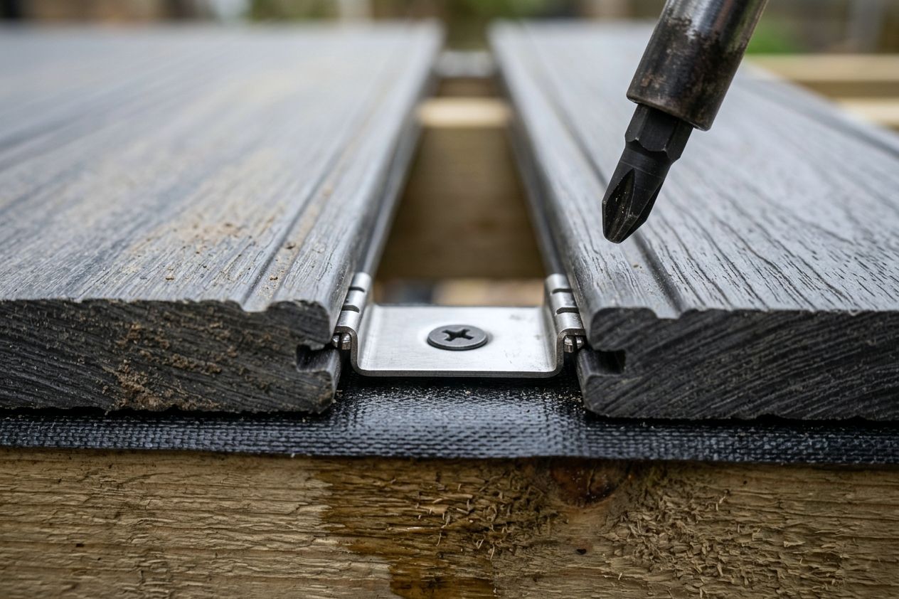A stainless hidden fixing clip between two charcoal composite boards on a taped joist